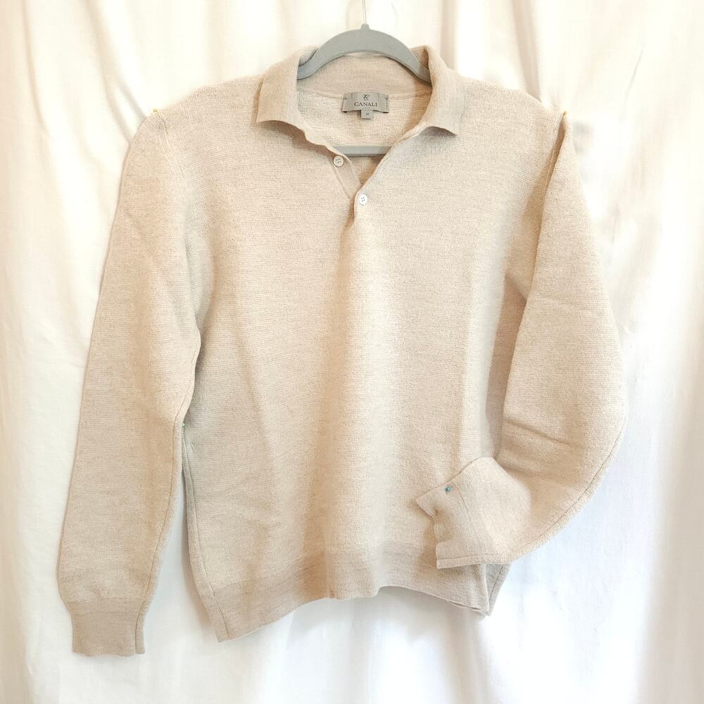 Canali 1934 Men's Wool Polo Sweater Size 58 Beige Made Italy